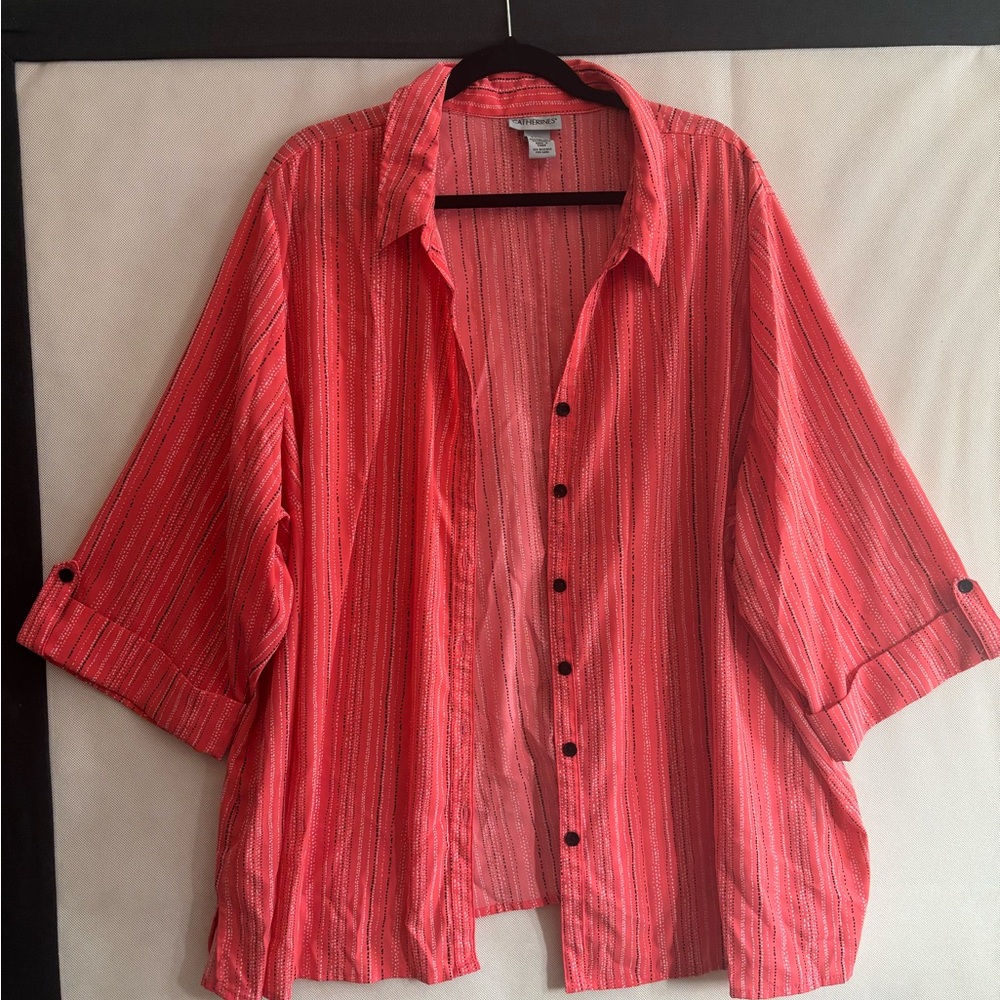 Catherines Coral and Black Striped Button Down Shirt